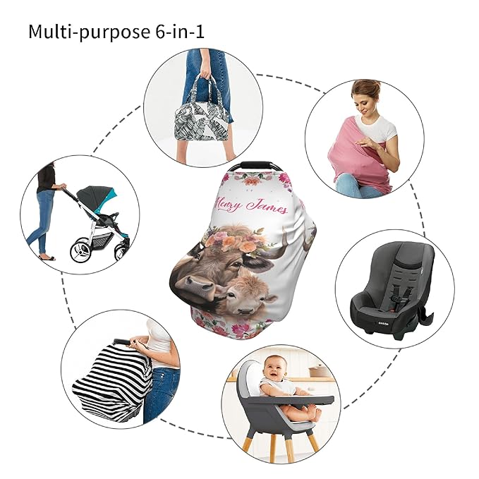 Personalized Car Seat Covers with Name, Buffalo Baby Canopy Carrier Cover, Breathable Breastfeeding Nursing Cover, Stretchy Multi-Use Infant Carseat Stroller Cover