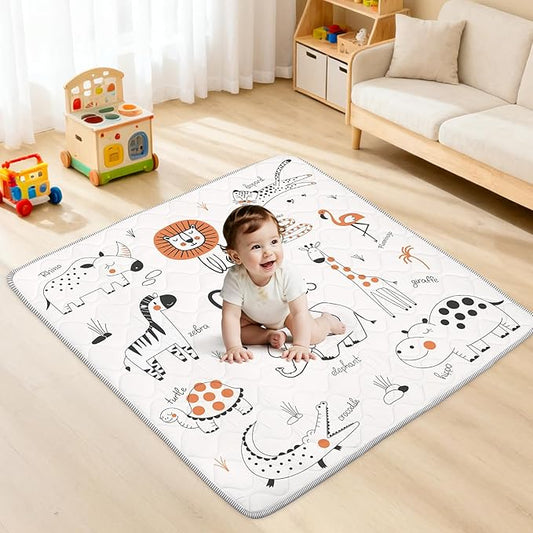 Baby Play Mat for Floor,Soft 50x50 Playpen Mat,Thick Foam Playmat for Tummy Time,Safe Non-Slip Backing for Kids,Line Animals