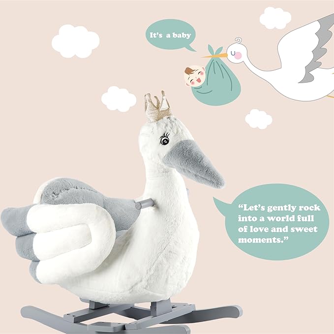 Rock My Baby Rocking Horse, Rocking Horse for Toddlers 1-3, Plush Rocking Horse with Seat, Wooden Gray Stork Ride-On Toy, (Gray Stork Bird), CPC Certified
