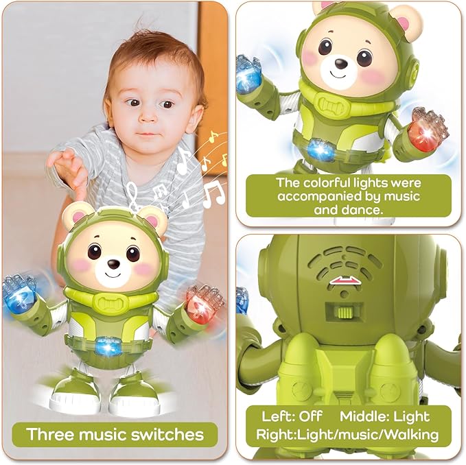 Bear Musical Robot Toy for Toddlers, Baby Musical Easter Green Bear Toy Dancing Crawling Tummy Time Toys, Light Up Infant Toys Birthday Easter Gifts