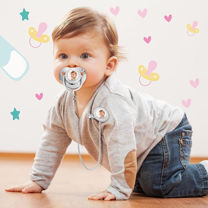 3 Pieces Sublimation Pacifier Set Name Custom Baby Bling Pacifier Clip Glitter Personalized Artificial Crystal Decoration for Girl Boys Baby with Blanks
