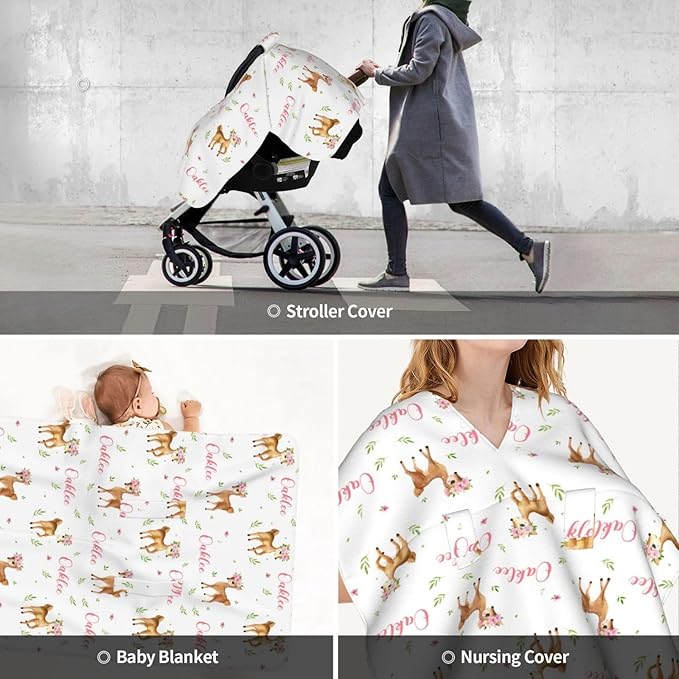 Personalized Baby Car Seat Canopy with Name, Floral Deer Infant Carseat Canopy, Nursing Breastfeeding Stroller Cover for Newborn Girls