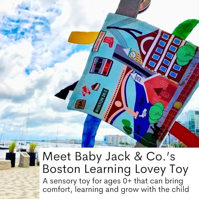 Baby Jack & Co 8x8” Learning Lovey Boston Massachusetts Tag Toys for Babies - Baby Crinkle Toys - Soft & Safe - Learn USA Cities and Shapes - Ideal Baby Toy & Gift BPA Free w/Stroller Clip