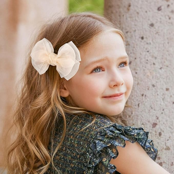 4-Inch Organza Double Hair Bows Alligator Clips 2PCS Nude Colors Mesh Ribbon Tulle Decorative Hair Bow Barrettes New Year Party Dress Accessory for Toddler Girls Children Teens