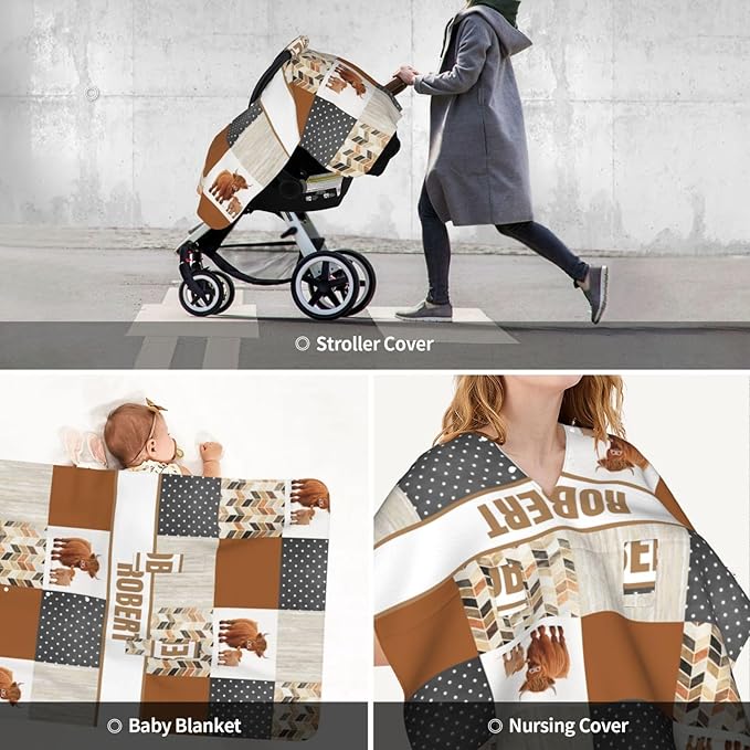 Personalized Baby Car Seat Canopy for Babies, Custom Name Car Seat Covers for Boys and Girls, Opening Minky Nursing Breastfeeding Cover for Infant, Carseat Canopies for Newborn (High Land Cow)