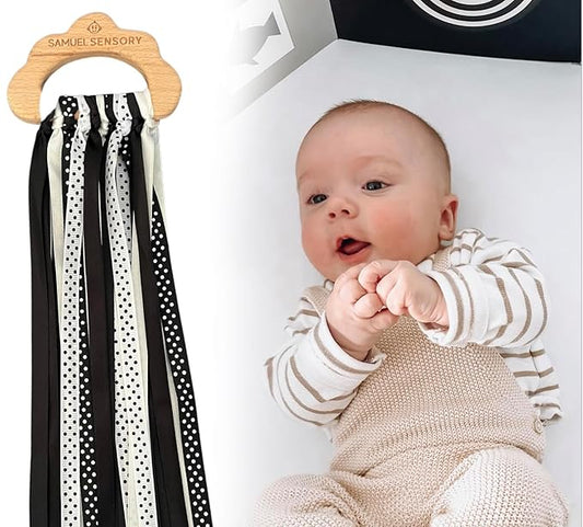Samuel Sensory Toys Cloud Ribbon - Black and White Baby Toys 0-3 Months Made with Beech Wood & Soft Grosgrain and Satin Ribbon - Developmental High Contrast Baby Toys & Tummy Time Toys