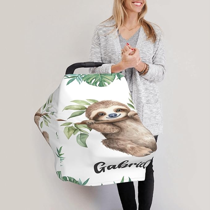 Personalized Car Seat Covers for Babies with Name – Multi-use Breastfeeding Cover Custom Sloth Carseat Canopy Cover, Infant Stroller Covers for Boys and Girls