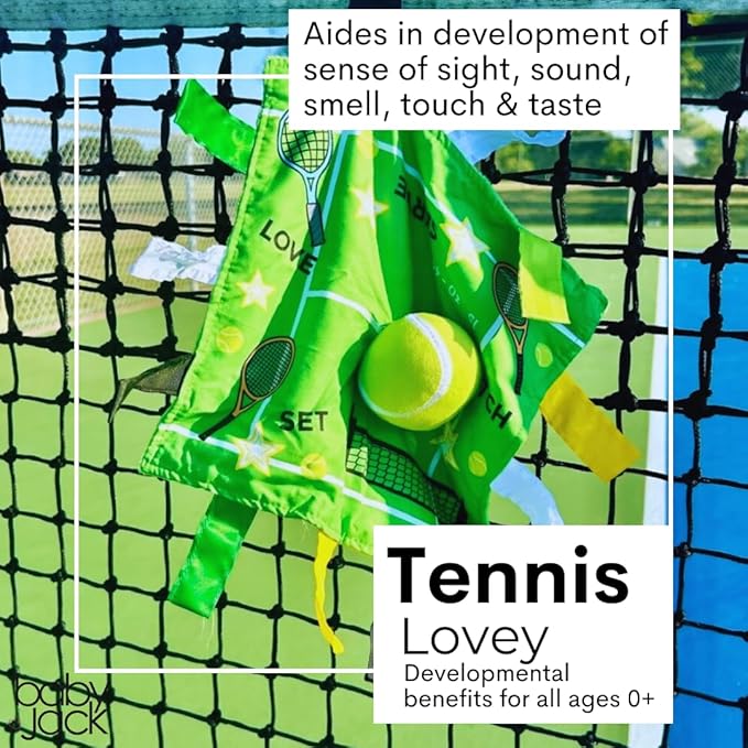 Baby Jack & Co 10x10” Tennis Sports Lovey Sensory Plush Blanket - Tag Toys for Babies - Baby Stroller Toys - Learn Shapes, Letters & Colors - Perfect MVP Baby Toy & Baby Sports Gift w/Stroller Clip