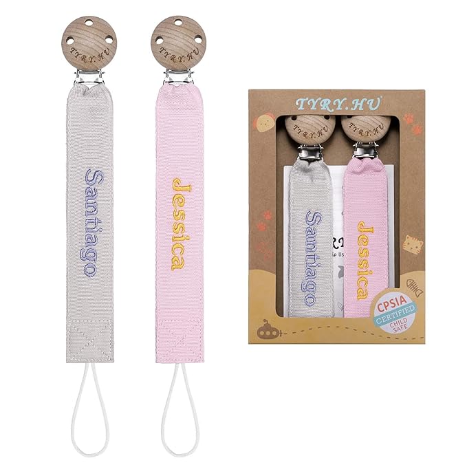 TYRY.HU Personalized Pacifier Clip with Name, Embroidery Webbing Pacifier Holder for Baby Girls and Boys, Neutral Pacifier Leash Universally Fit All Pacifiers, 2 Pack Baby Gift(Grey, Pink)