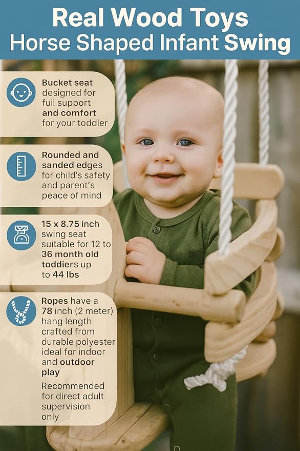 Horse Shaped Infant Swing Wooden Toddler Swing for Indoor/Outdoor Play, Bucket Seat Design, Safe & Comfortable for Ages 12-36 Months, Includes Durable 78-inch Ropes, Perfect for Playsets