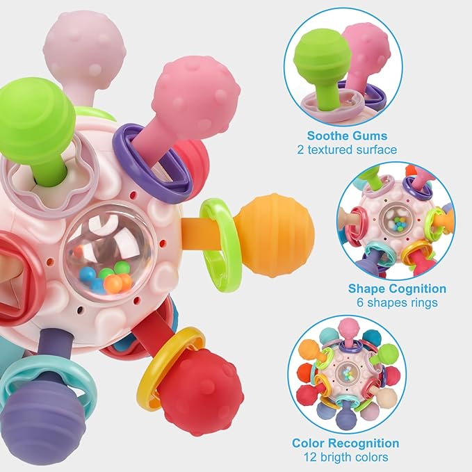 Easter Baby Teething Toys for 0-6 6-12 Months, BPA Free Food Grade Silicone Teether, Infant Sensory Chew Rattles Toys, Perfect Baby Easter Basket Stuffers & Easter Gifts, Pink