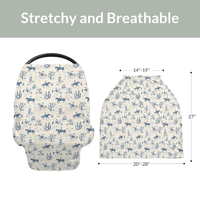 Vintage Western Cowboy Car Seat Cover for Babies Retro Cowboy Horse Cactus Stretchy 5-in-1 Cover Adjustable Car Canopy Breastfeeding Cover Wild Desert Breathable Nursing Cover-Up