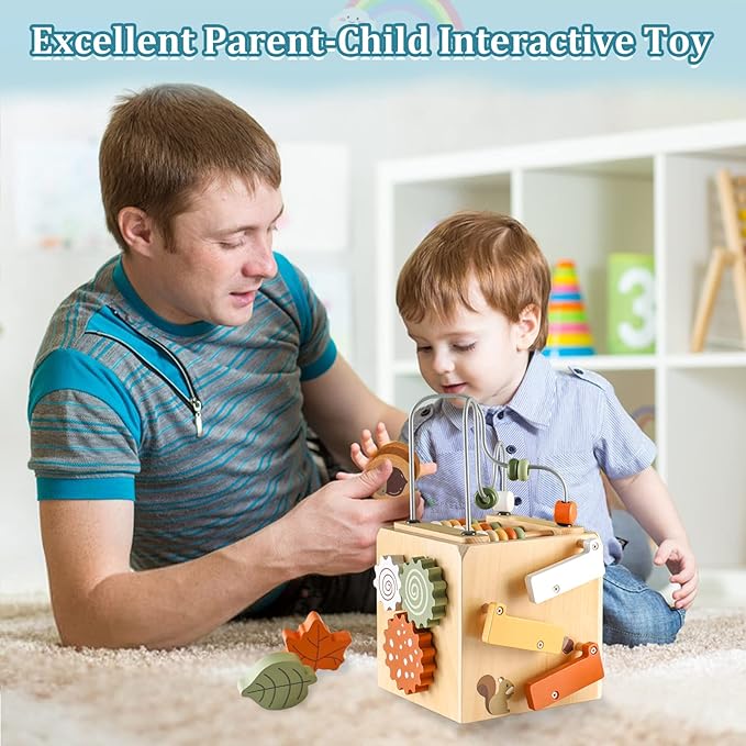 Wooden Kids Baby Activity Cube - Boys Gift Set | One 1, 2 Year Old Boy Girl Gifts Toys | Developmental Toddler Educational Learning Boy Toys 12-18 Months | Bead Maze, First Birthday Gift