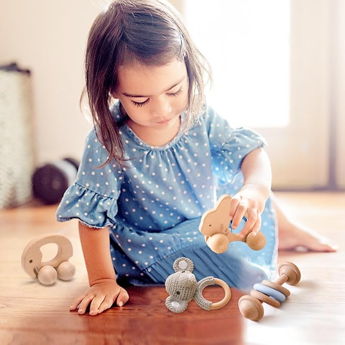 Wooden Baby Rattle 3 PCS Push Car Rattle Set Crochet Rattle Ring Wooden Montessori Toy for Newborn Infant Baby Gifts (Elephant Rattle)