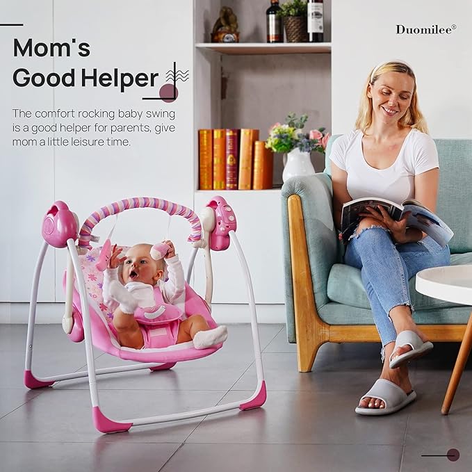 Baby Swings for Infants, Powered by Power Cord (Included) and Batteries for Indoor/Outdoor Use, Easy-Fold Infant Swing, Electric Baby Swing for 0-9 Months 6-25 lbs