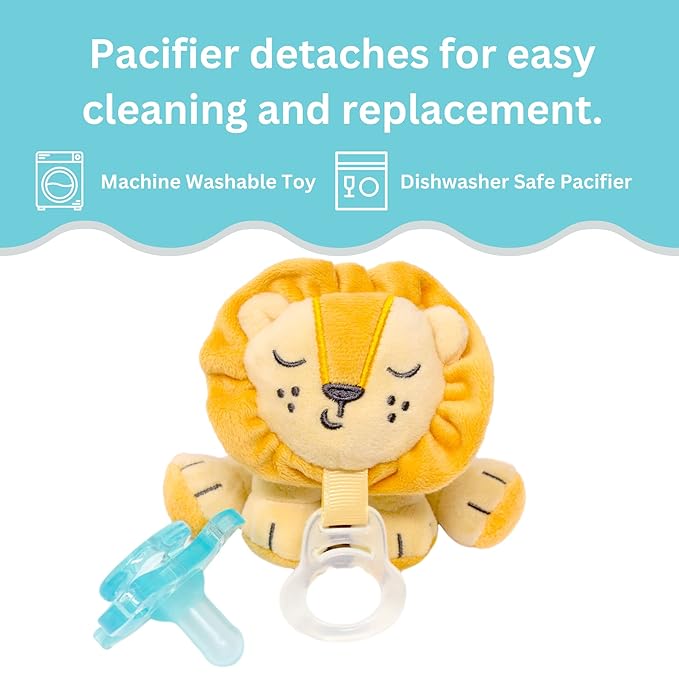 PaciBuddy Lion Pacifier Holder - Plush Toy Includes Detachable Pacifier - Adapts to Name Brand Pacifiers - Baby Gift Suitable for All Ages - Infant Binky, Soother, Paci, Plush Baby Toy