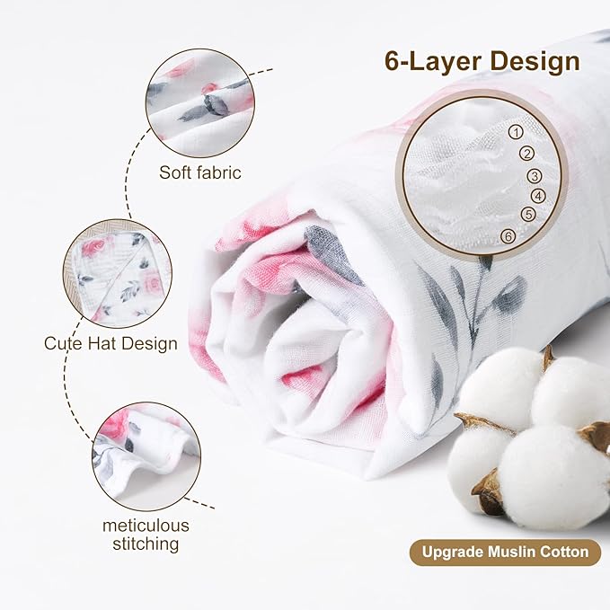 david's kids 2 Pack Hooded Baby Towels, 100% Muslin Cotton 6-Layer Ultra Soft Breathable Absorbent Baby Bath Towels for Infant and Toddler, Newborn Essentials, Large 32x32Inch, Floral