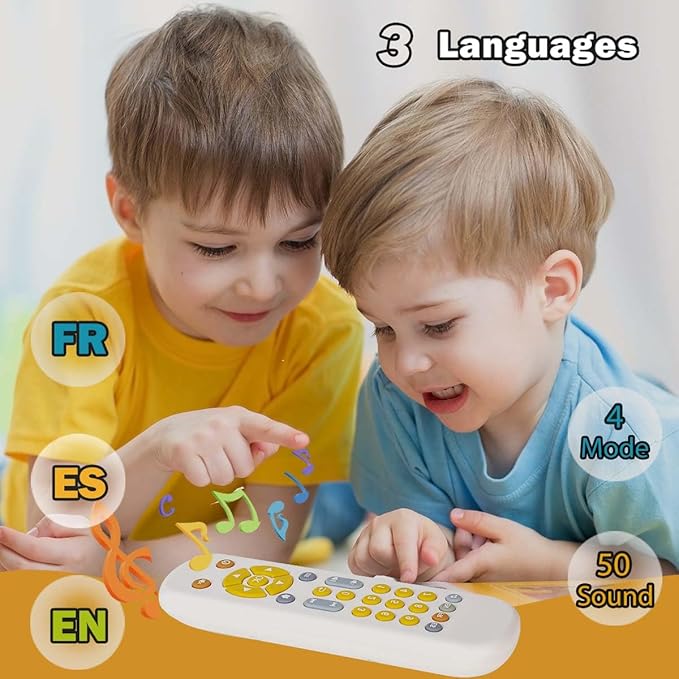 Baby TV Remote Control Toy with Soft Silicone Cute Carb Cover, Musical Realistic Play Remote Toy with Light and Sound, 3 Language Educational Learning Toy for 6M+ Boy and Girls(Yellow)