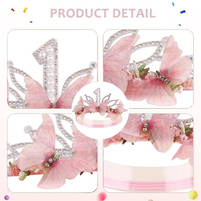 cherrboll Baby Girl Birthday Crown Floral Headband, Soft Flower Head Wrap Tiara Hairband for 1-3 Years Old Toddlers Kids First 1st Birthday Party Dress Photo Decoration