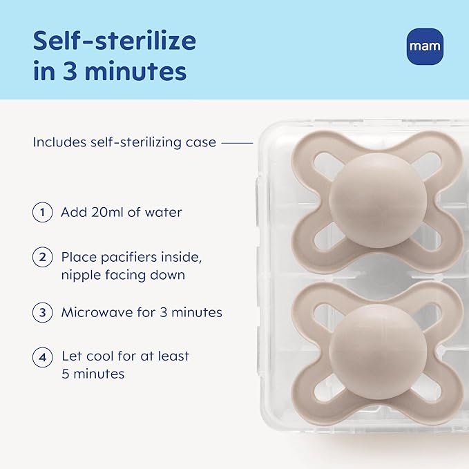 MAM Original Start Matte Baby Pacifiers 0-3 Months, BPA-Free Skin Soft Silicone Nipple, Developed with Medical Experts Specially for Smaller Newborn Mouths, Easy to Clean, 2 Pk with Sterilizer Case