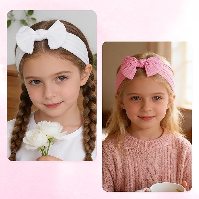 baotongle 3pcs Baby Girls Headbands Soft Stretchy Nylon Hair Bands Hair Accessories with Bows for Newborn Baby Girls Infant Toddlers Kids(White,Light Green,Deep Pink, 5.7inches)