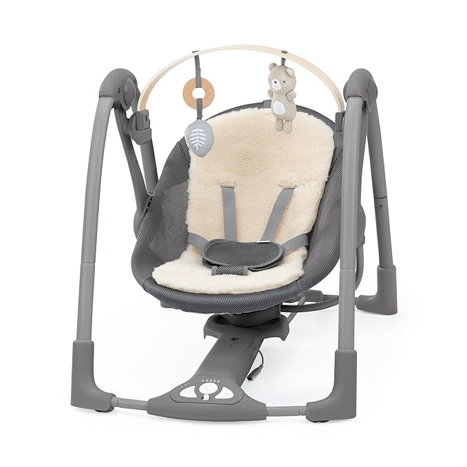 Ingenuity Every Season Swing 'n Go Portable Swing - Cooling and Warming Fabrics, Detachable Sustainable Wooden Toy Bar, 2 Toys, Music, Motorized Swing, for Ages 0-9 Months, Grey - Wesley