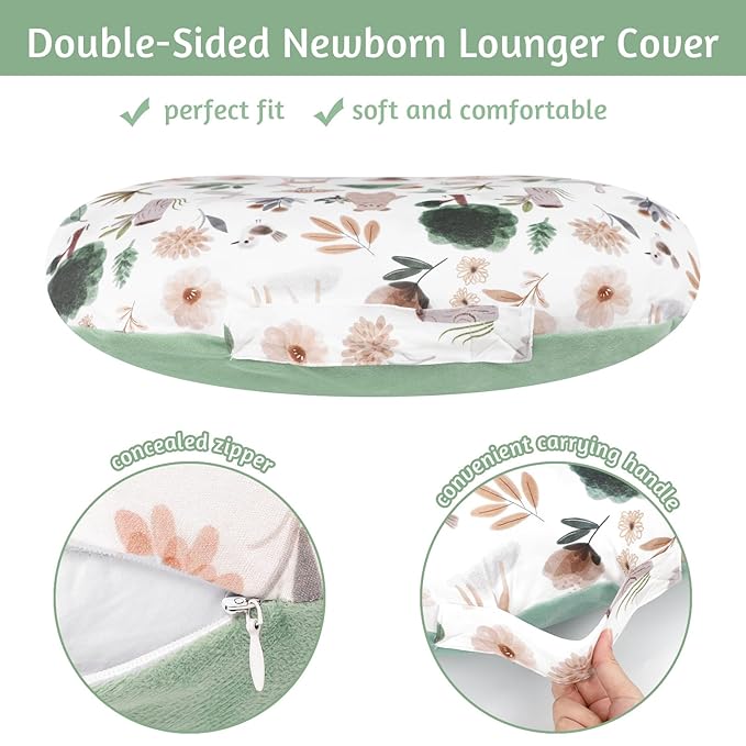 Newborn Lounger Cover for Girls Boys, Removable Soft Baby Lounger Cover, Reversible Infant Lounger Cover Minky, Green Animal