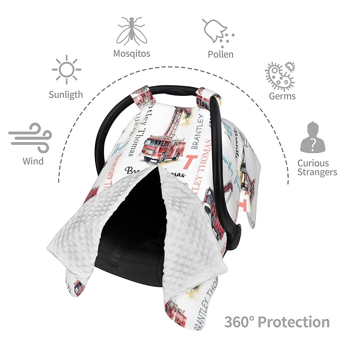 Custom Baby Car Seat Canopy Personalized Car Seat Covers with Name for Baby Boys Girls Customized Fire Truck Nursing Breastfeeding Cover Infant Carseat Canopies Newborn Minky Baby Blanket