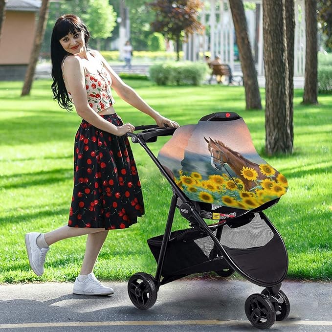 Horse Sunflowers Baby Car Seat Covers, Nursing Cover Breastfeeding Scarf Soft Breathable Stretchy Coverage, Infant Stroller Cover for Boys Girls