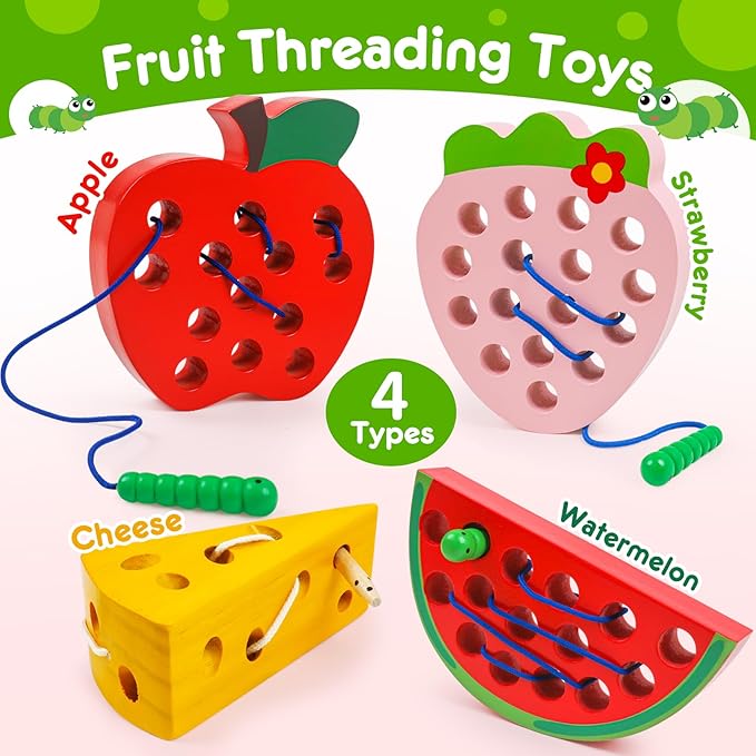 Wooden Toys Lacing Toys for Toddlers 3-5,Plane Activities Car Travel Toy Montessori Educational Learning Threading Toys for Fine Motor Easter Basket Stuffers Gift for Boys Girls(4 pcs)