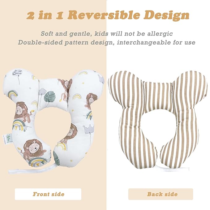 Toddler Travel Pillow Head Body Support for Car Seat and Stroller, Soft Reversible U-Shape Seat Comfort Accessory, Cartoon Lion
