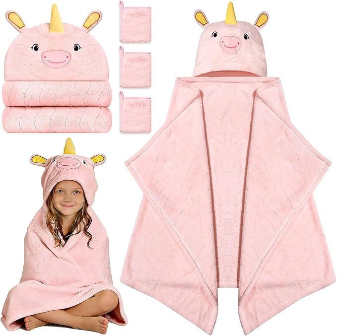 Flasoo 4 Pcs Toddler Towels Set, 1 Thick Toddler Bath Towel & 3 Washcloths, Large 55" x 27.5" Hooded Toddler Bath Towel, Hooded Towels Kids, Soft Toddler Towels with Hood 0-5 Years for Kid (Unicorn)