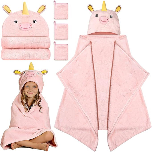 Flasoo 4 Pcs Toddler Towels Set, 1 Thick Toddler Bath Towel & 3 Washcloths, Large 55" x 27.5" Hooded Toddler Bath Towel, Hooded Towels Kids, Soft Toddler Towels with Hood 0-5 Years for Kid (Unicorn)