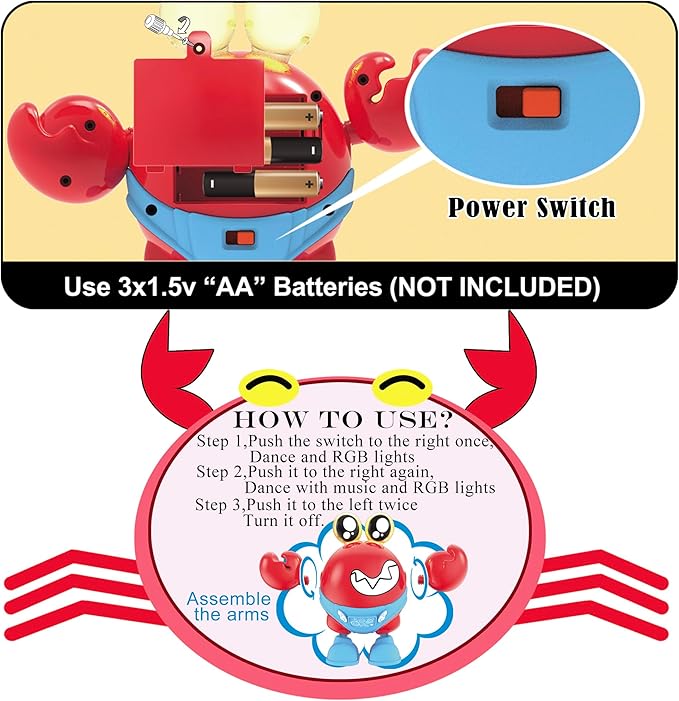 ritastar Dancing Crab Baby Toy,Tummy Time Toys with Funky Moves,Music,RGB LED Lights,Battery Powered Moving Crawling Interactive Learning Toy for Kids,Toddlers,Baby Boys Girls Birthday