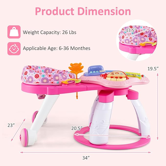 INFANS 3 in 1 Walk Around Baby Activity Center, Baby Walker with Play Table, Wheels, Detachable Seat Cushion, 3 Adjustable Heights, Learning Toys for Boys Girls Aged 6-36 Months (Pink)