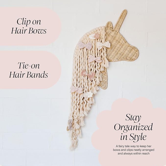 BEBE BASK Unicorn Boho Handmade Rattan Macrame Hair Bow Holder and Organizer for Girls