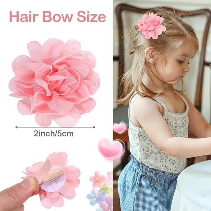 OAOLEER 40pcs 2" Flower Baby Hair Bows Clips, Chiffon Flower Tiny Hair Clips Fine Baby Hair Accessories for Girls Infants Toddlers Set of 20 Pairs