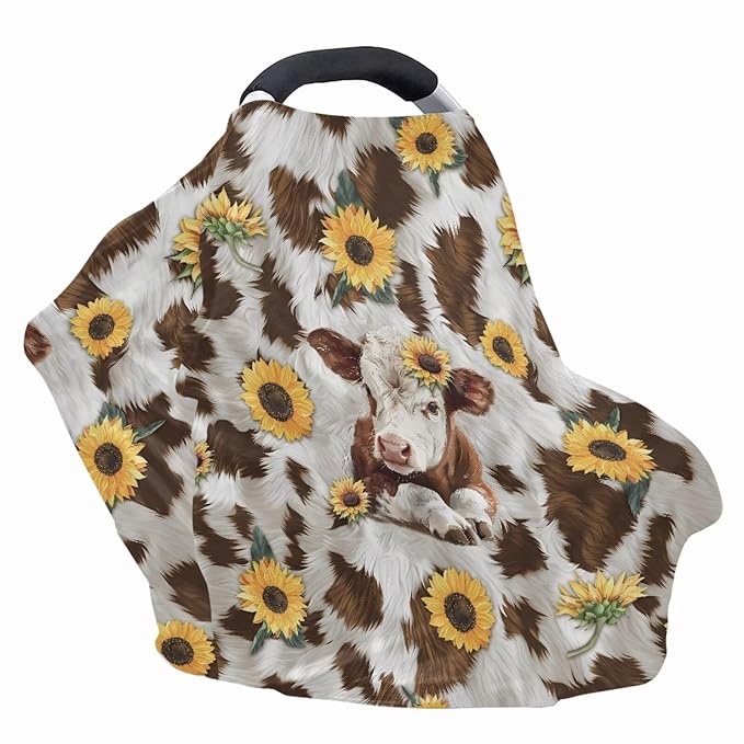 GIFTPUZZ Sunflower Cow Car Seat Covers for Babies Blocks Sunlight Carseat Canopy Ultra Soft Breathable Fabric Babies Car Seat Protection Adjustable Stretchy Breastfeeding Scarf Infant Carseat