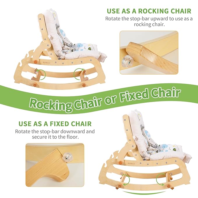 MallBest 3-in-1 Baby Rocker Chair with Double Cushions, for 0-12 Months, Adjustable Wooden Infant Rocker with Removable Cushion and 5-Point Harness for Infant to Toddler (Beige)