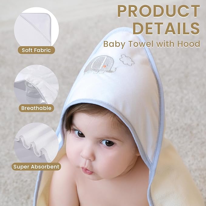 Softan Baby Hooded Towels and Washcloths Set 6 Pack, 28x28 Ultra Soft & Absorbent Baby Bath Towels for Newborn Infant Toddler, Unisex Boys Girls (Green Elephant)