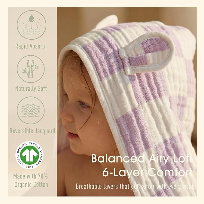 Ultra-Soft Muslin Toddler Hooded Towel - 55 x 28 Inches, Ideal for Bath & Beach, Suitable for Both Boys & Girls from Newborns to Toddlers（Lavender Check）
