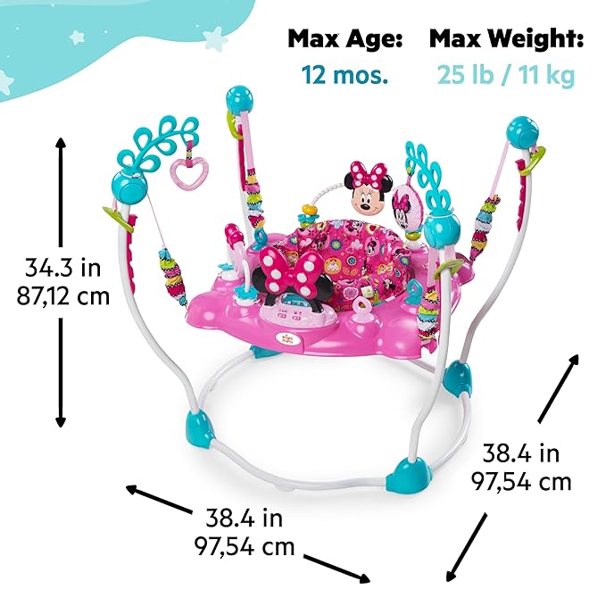 Bright Starts Disney Baby MINNIE MOUSE PeekABoo Baby Activity Center Jumper with 8 Toys, Lights & Sounds, 360-Degree Seat, 6-12 Months (Pink/Blue)