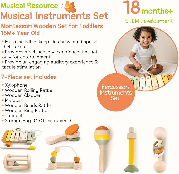 Wooden Musical Instruments Set for Toddlers 18+ Months - 7PCS Montessori Educational Learning Toys with Xylophone, Maracas, Trumpet & Storage Bag for Kids Baby