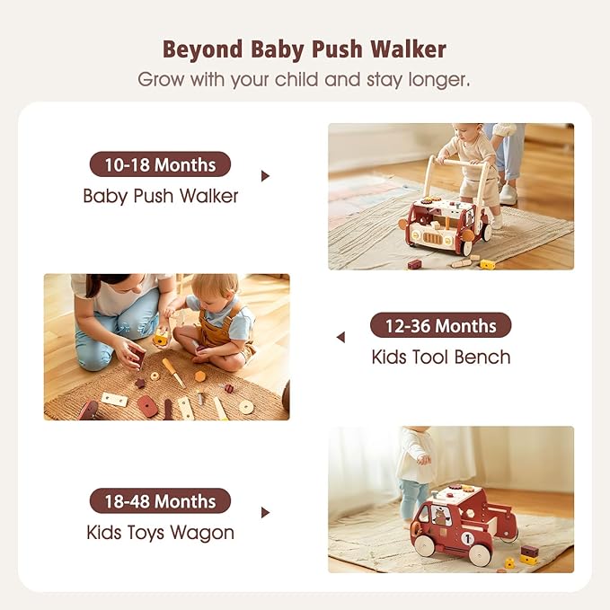 IEATFO 3-in-1 Wooden Baby Walker Adjustable Height with Tool Bench and Toy Storage Wagon - Multifunctional Toddler Push Walker Ergonomically Designed for Natural Walking - 3+ Years of Continuous Use