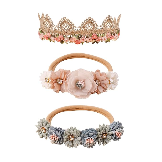 Baby Girl Flower Headbands and Bows, Stretchy Soft Nylon Floral Crown, 3pcs Handmade Hair Accessories for Newborn Infant Toddler