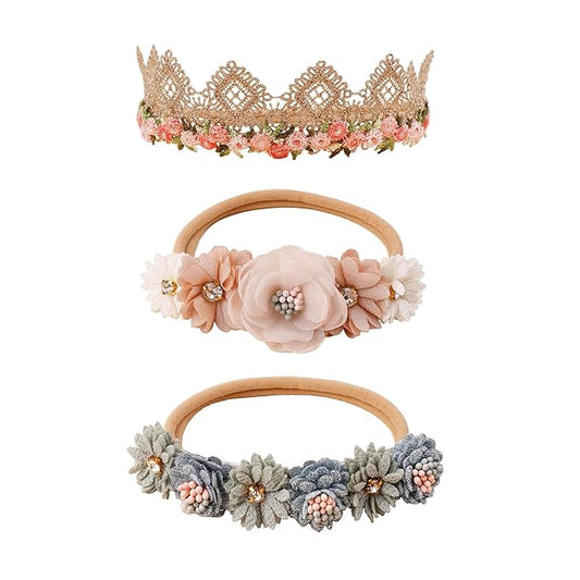 Baby Girl Flower Headbands and Bows, Stretchy Soft Nylon Floral Crown, 3pcs Handmade Hair Accessories for Newborn Infant Toddler