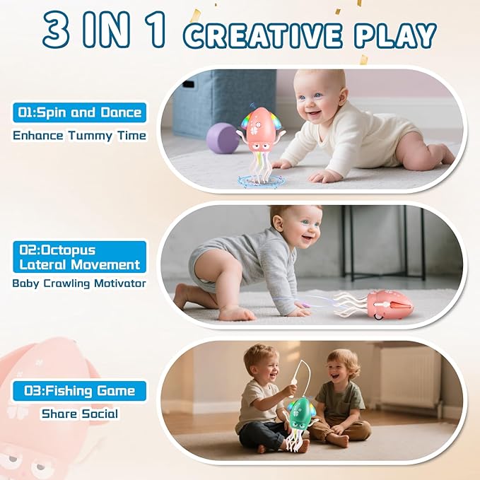 Dancing Octopus Baby Toy, 2Pcs Tummy Time Toys, Rechargeable Crawling Squid with Light/Music/Silent Mode for 3-6 6-12 12-18 36 Months Learning Walking Toddler 1st Birthday Gifts Easter Basket Stuffers
