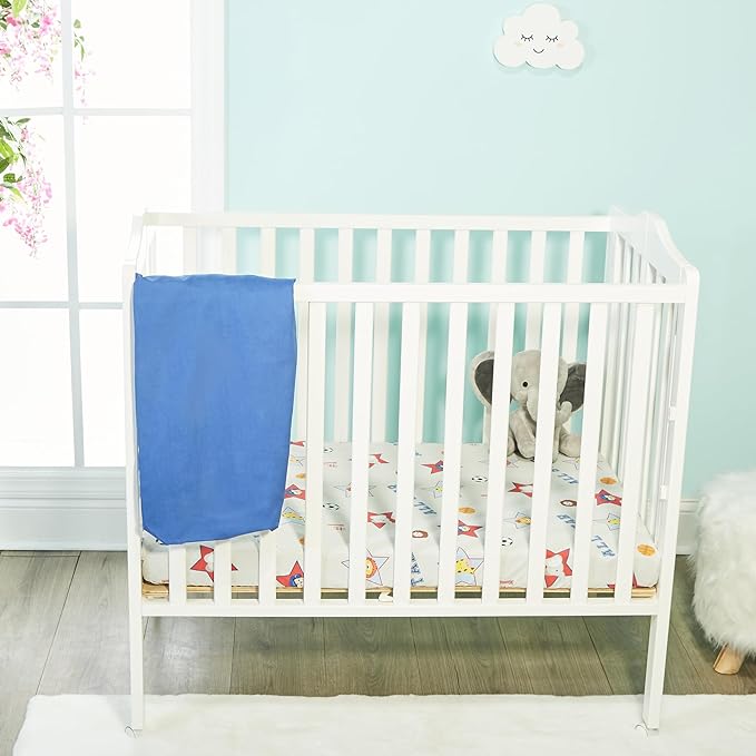 2 Pack n Play Mattress Sheets – 100% Percale Weave Cotton Soft Portable Crib Mattress Sheets for Boys with Jungle Sports and Solid Blue Design; 2 Pc Playpen Mattress or Mini Crib Sheet Fitted Set