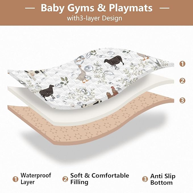 Baby Play Mat Farm Cow Rooster Goose 50 x 50 Playpen Mats for Floor Play Gym Crawling Mat Non-Slip Cushioned Baby Playmat for Infants, Babies, Toddlers