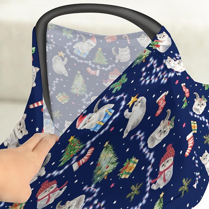 Blue Christmas Holiday Cats Car Seats Cover for Babies Winter Kitten Trees Lights Candy Stretchy 5-in-1 Cover Adjustable Car Canopy Breastfeeding Cover Cats Lover Gift Breathable Nursing Cover-Up